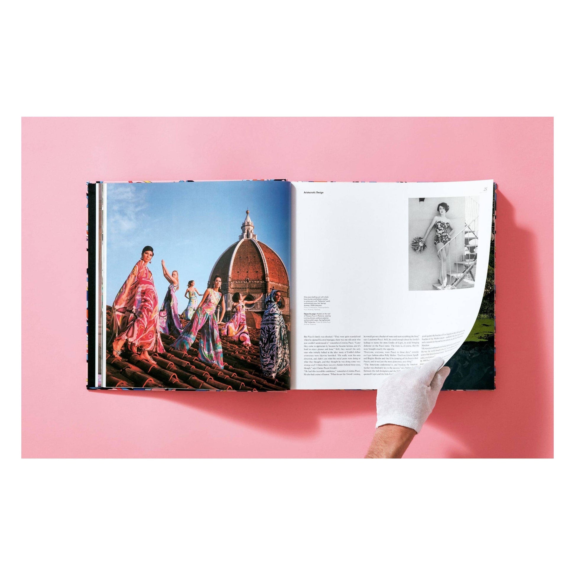 Pucci fashion book open to interior pages with a group fashion photo and portrait.