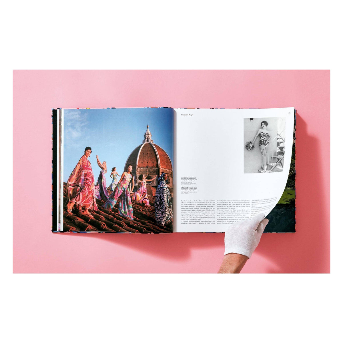 Pucci fashion book open to interior pages with a group fashion photo and portrait.