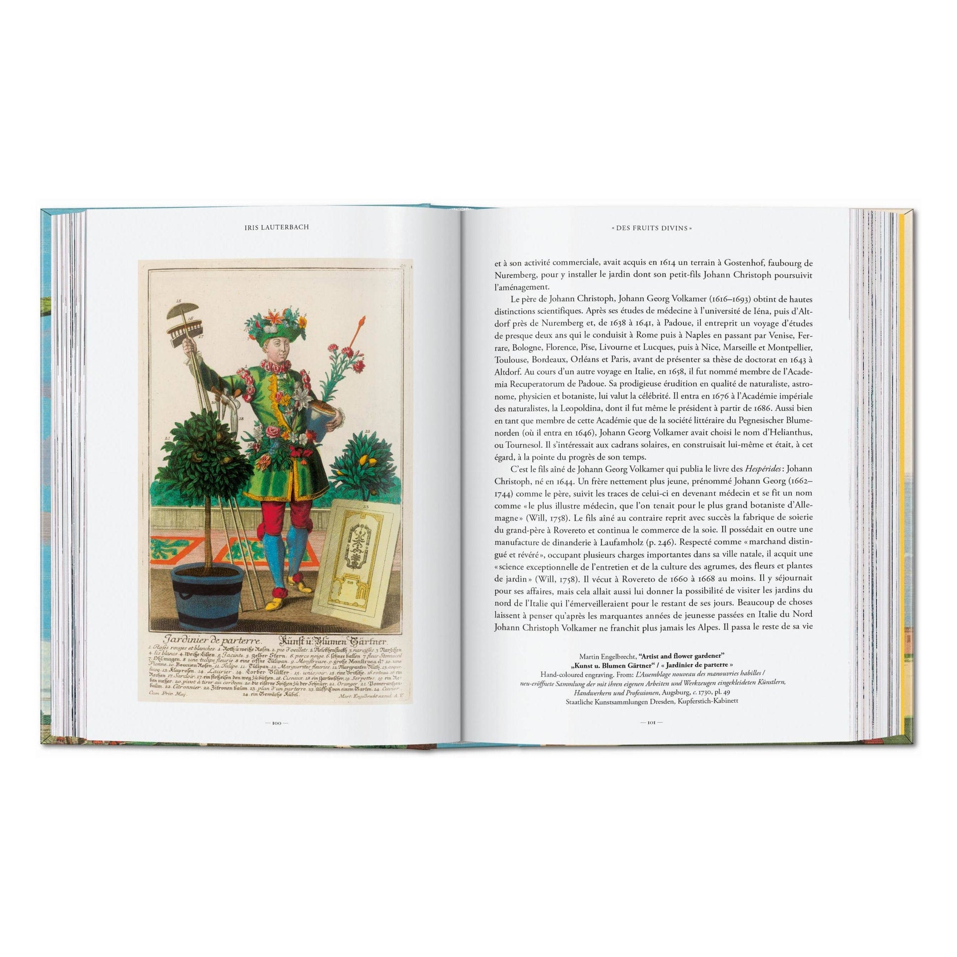 Open book pages with illustrated engraving left and dense text right