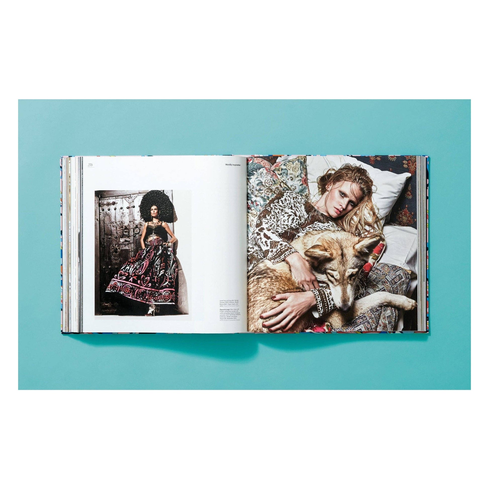 Pucci updated edition book, open spread with fashion photo and model holding dog