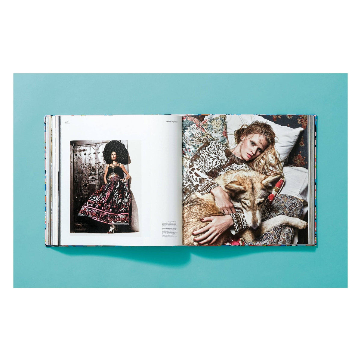 Pucci updated edition book, open spread with fashion photo and model holding dog