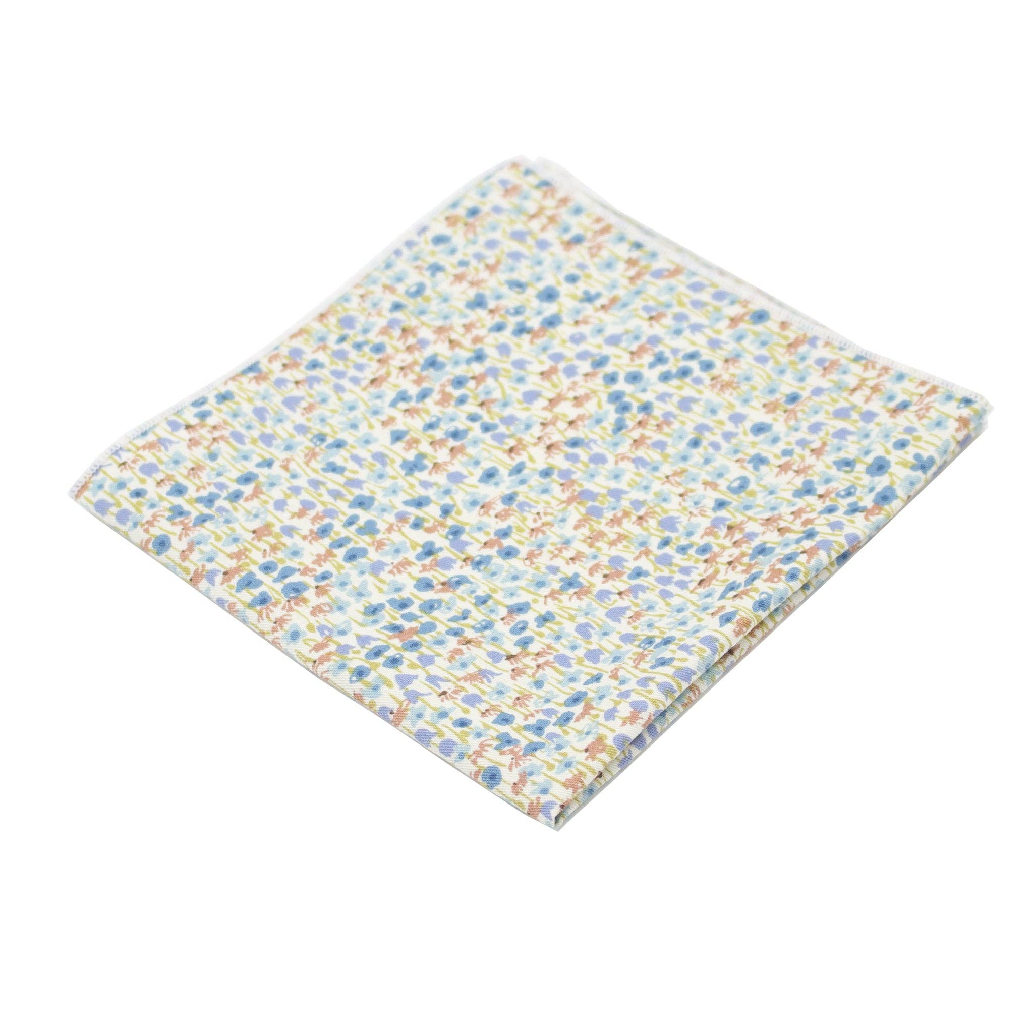 Floral pocket square with blue, gold, and green mini motifs