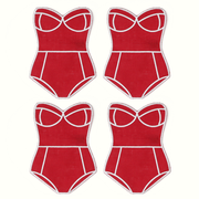 Red swimsuit-shaped cocktail napkin with white trim, set of 4