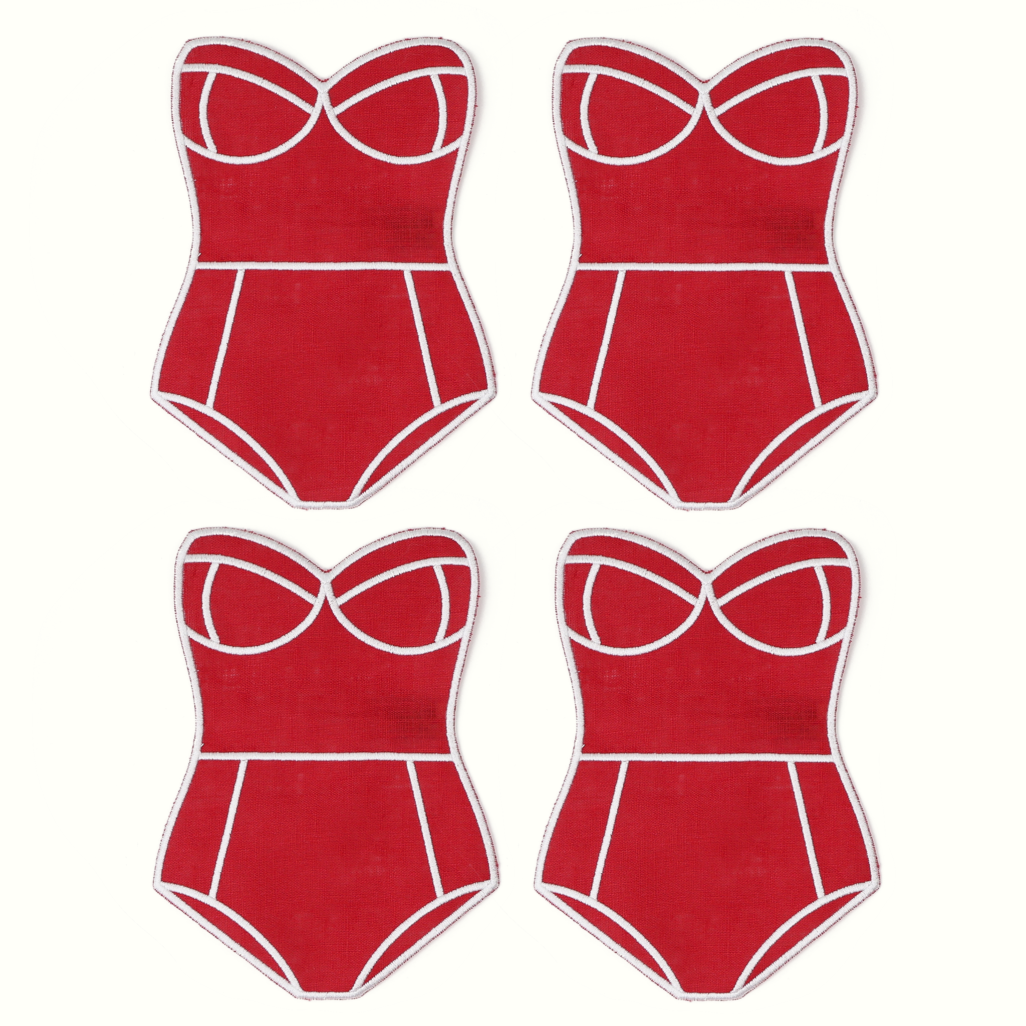 Red swimsuit-shaped cocktail napkin with white trim, set of 4