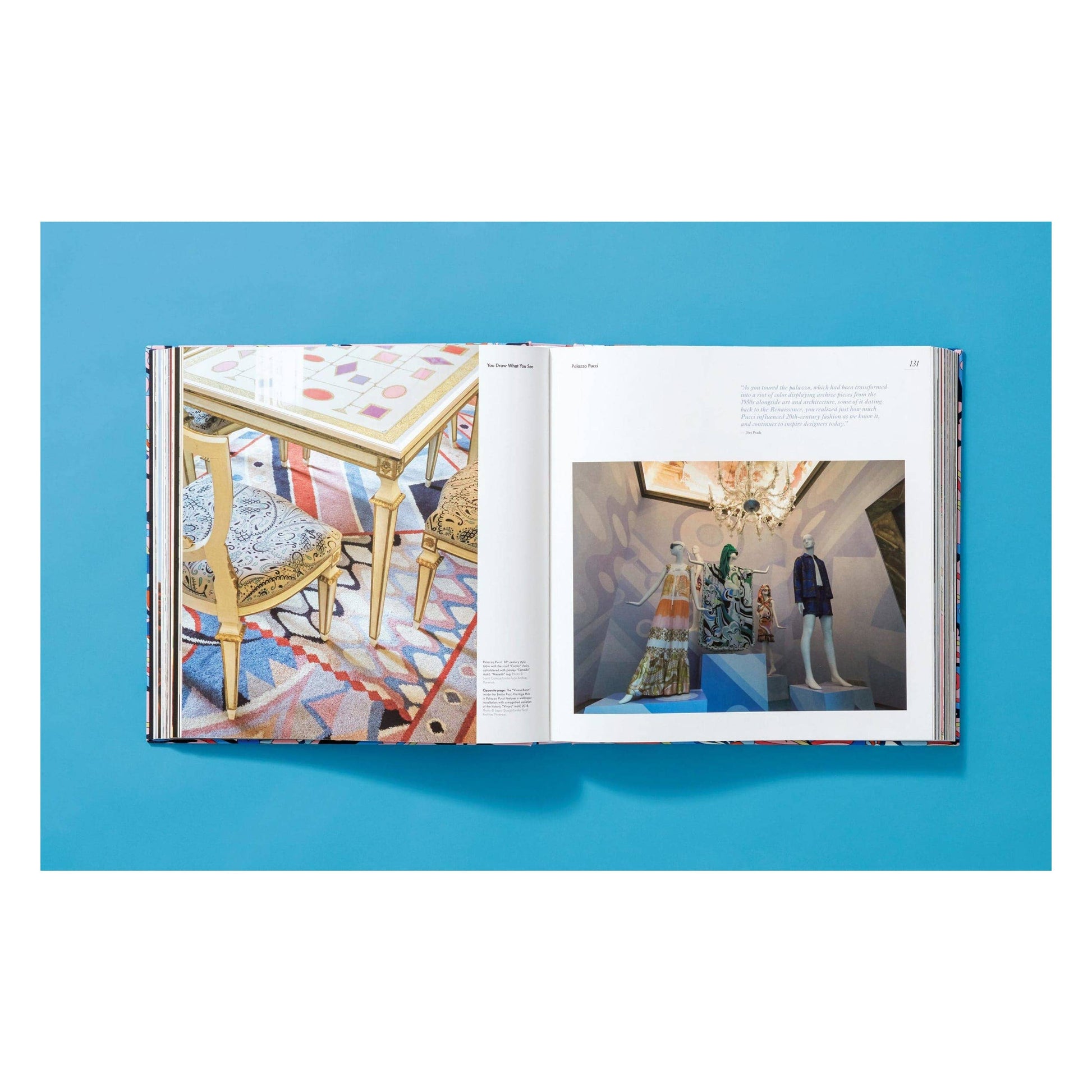 Pucci updated edition book, open spread with furniture photo and room display