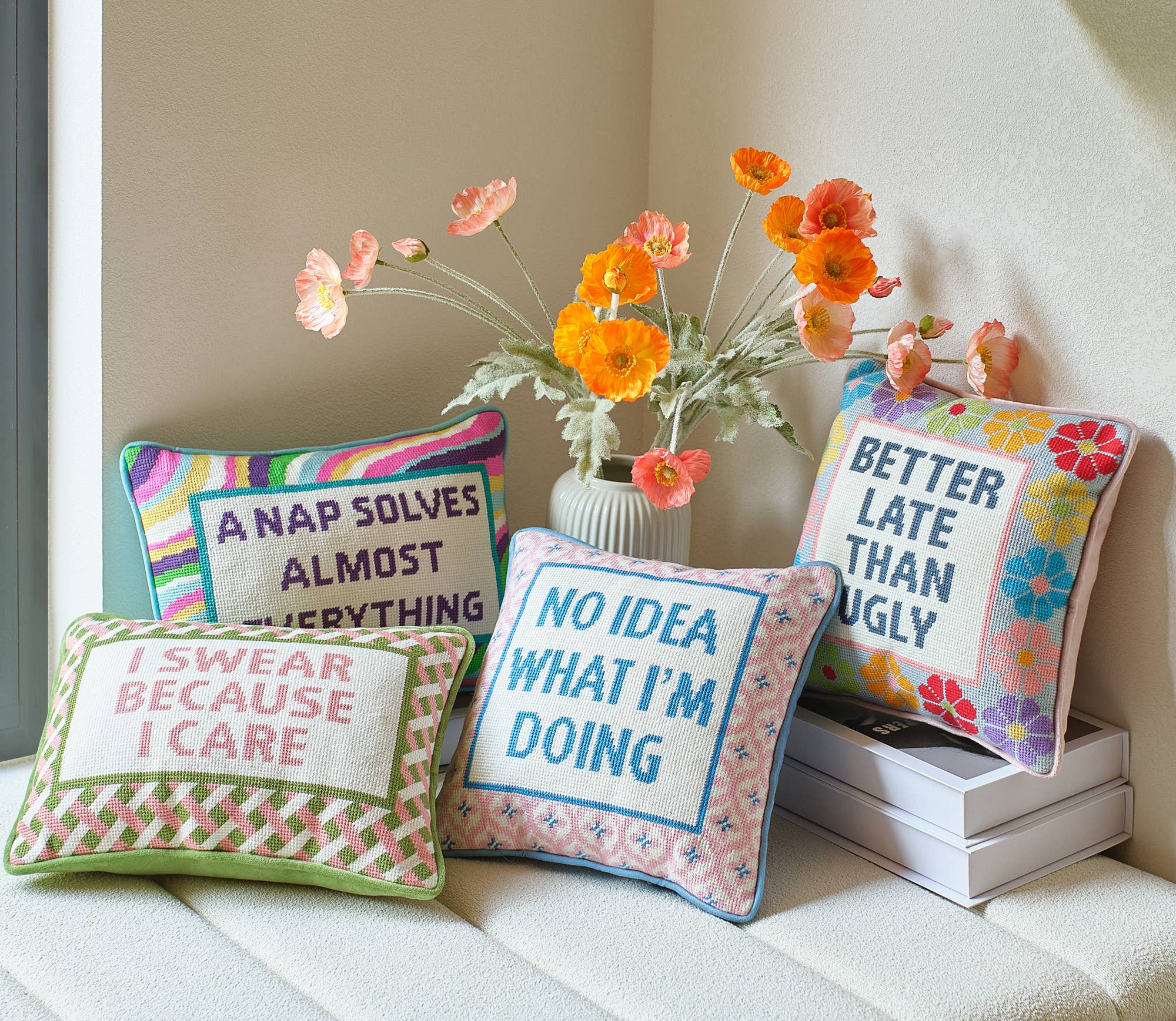 Embroidered throw pillow with 'I SWEAR BECAUSE I CARE' lettering and green border