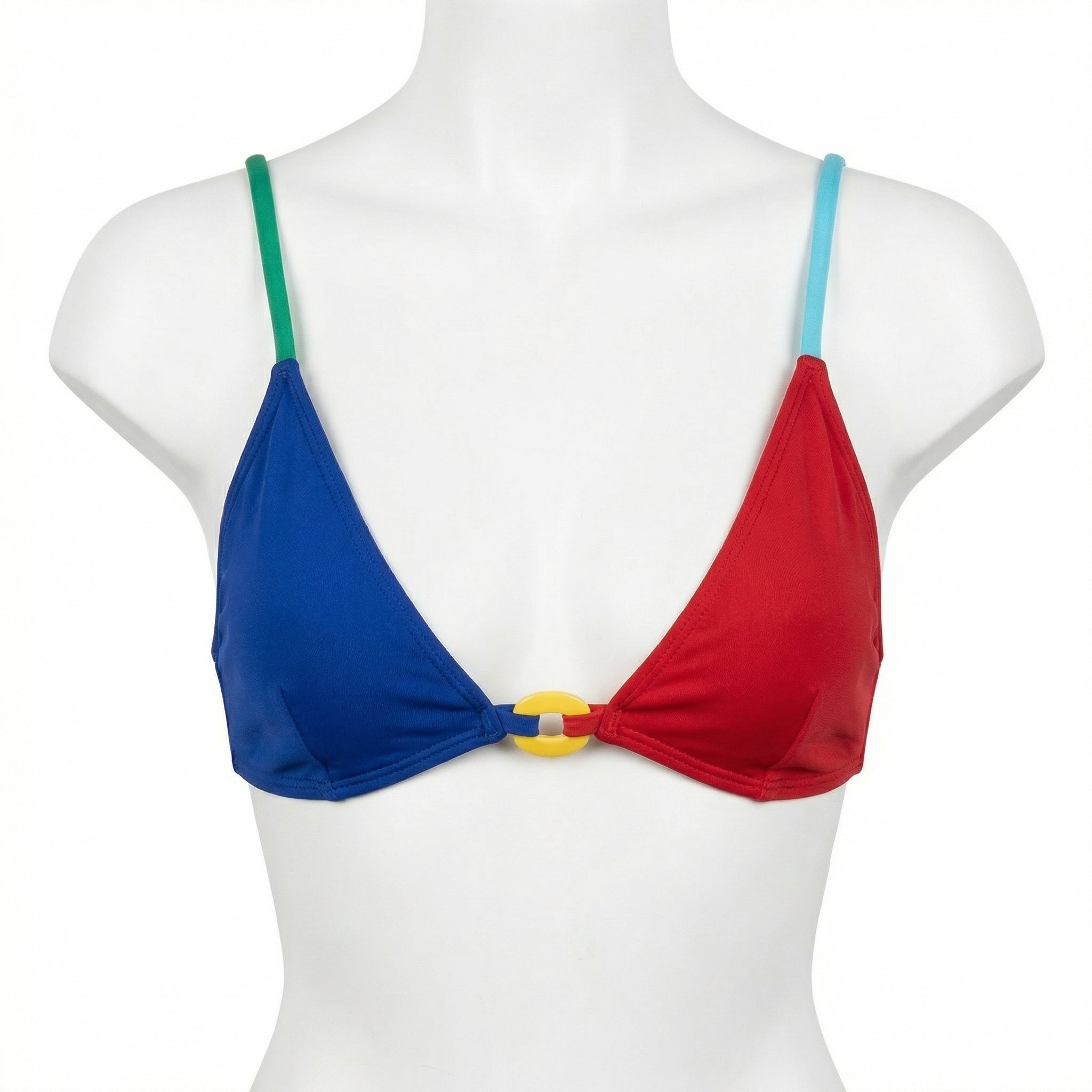 Colorblock bikini top on mannequin with blue/red triangle cups and green/light-blue straps