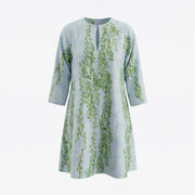 Light blue short kaftan with green vine floral print, round neckline, 3/4 sleeves.