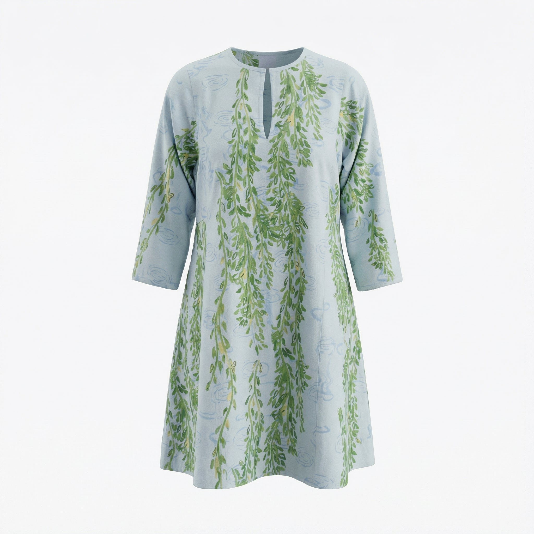 Light blue short kaftan with green vine floral print, round neckline, 3/4 sleeves.