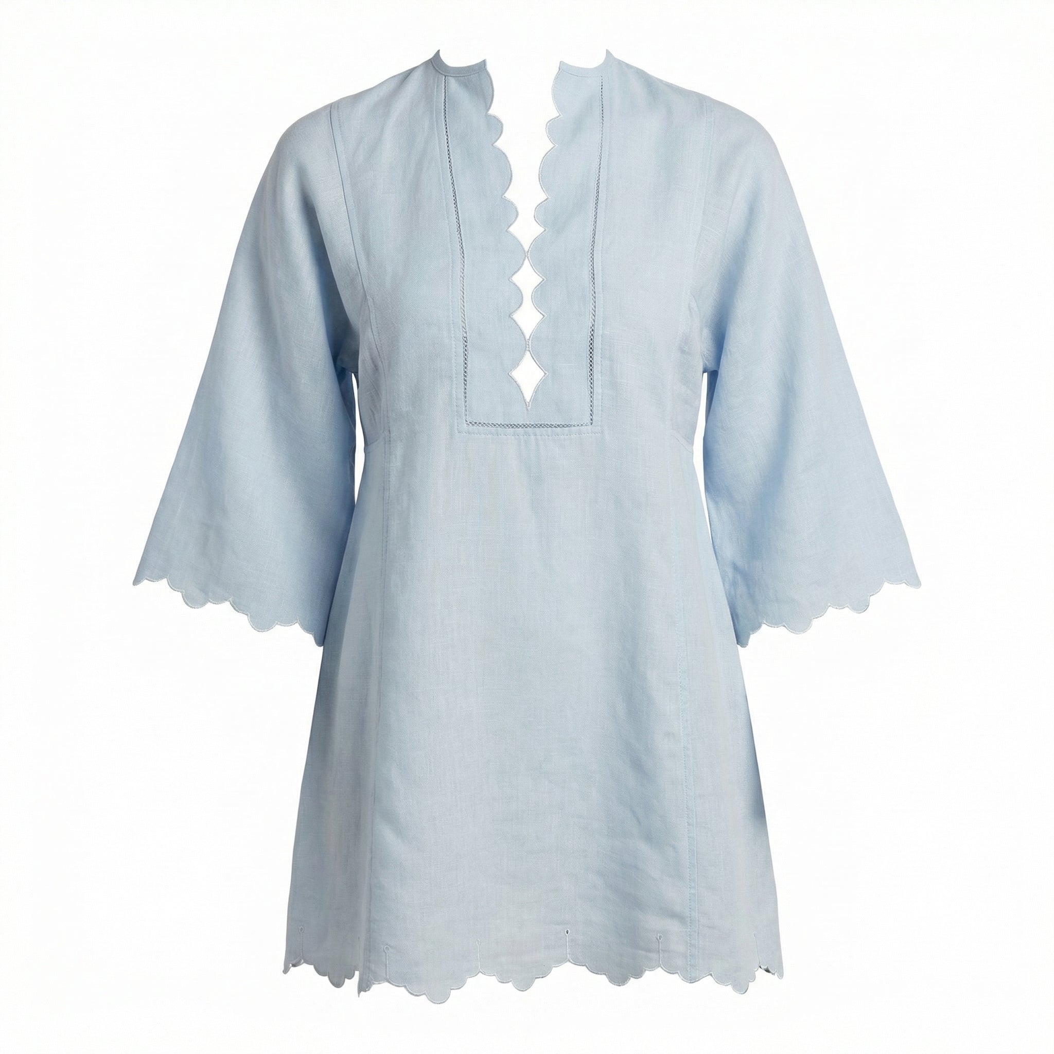 Light blue short kaftan with scalloped V neckline and three-quarter sleeves, center placket