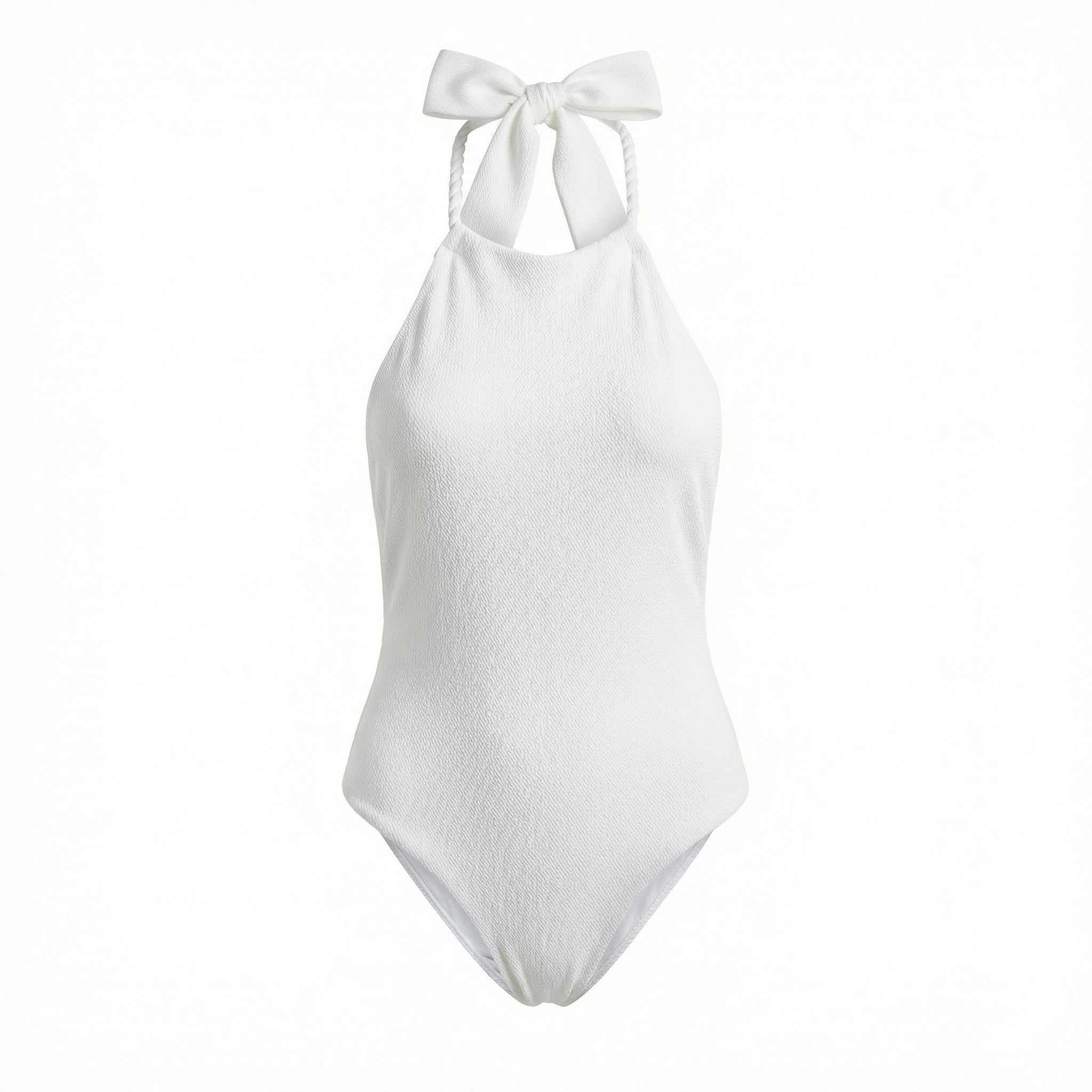 White rope halter one-piece swimsuit with bow tie at neck and high-cut leg