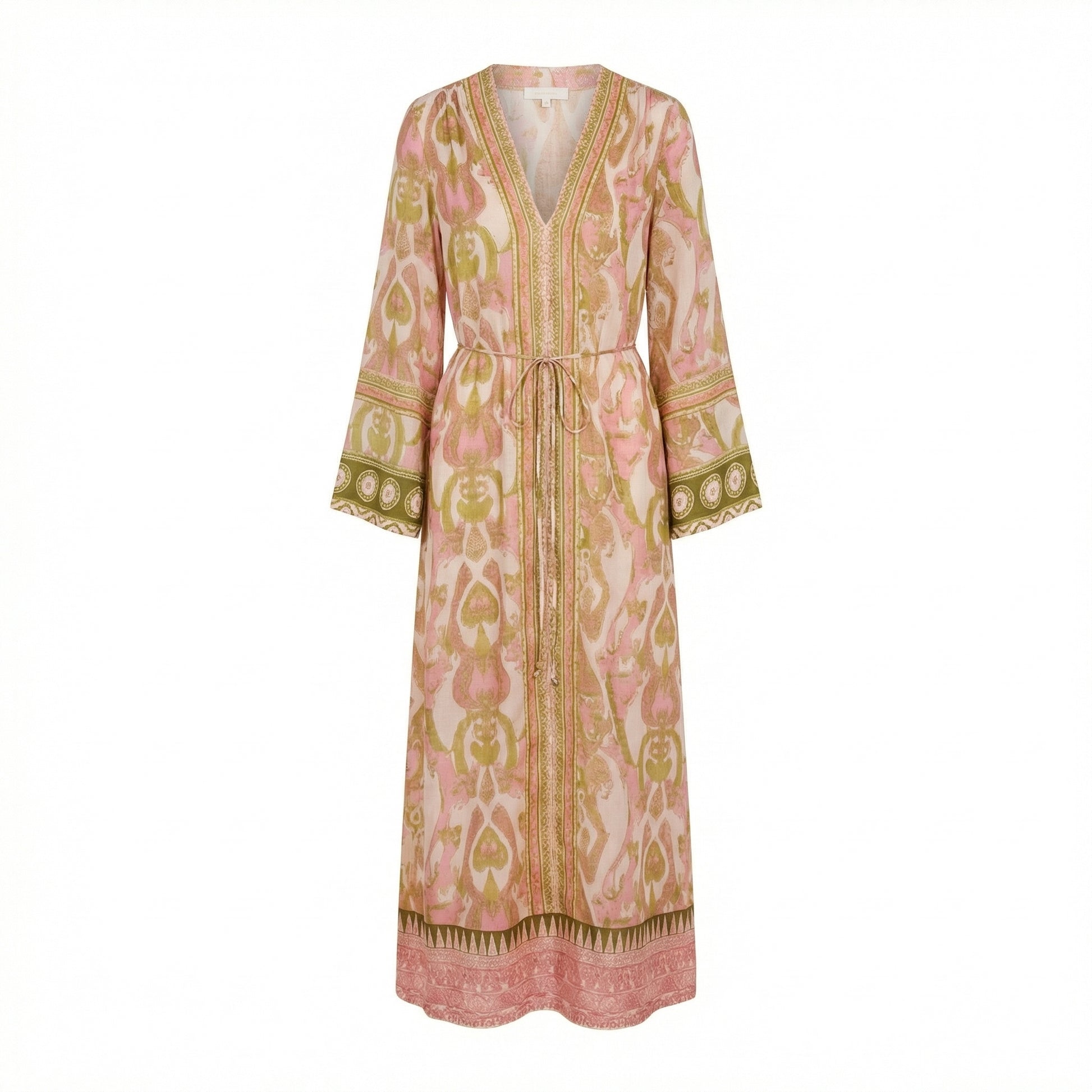 Long V-neck dress with multicolor print, tie waist, three-quarter sleeves