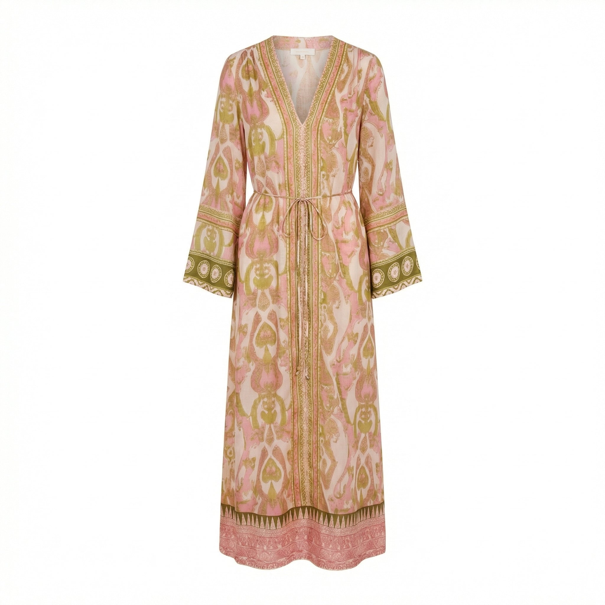 Long V-neck dress with multicolor print, tie waist, three-quarter sleeves