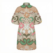 Collared shirt dress with button front, multicolor floral and paisley print, wide sleeves