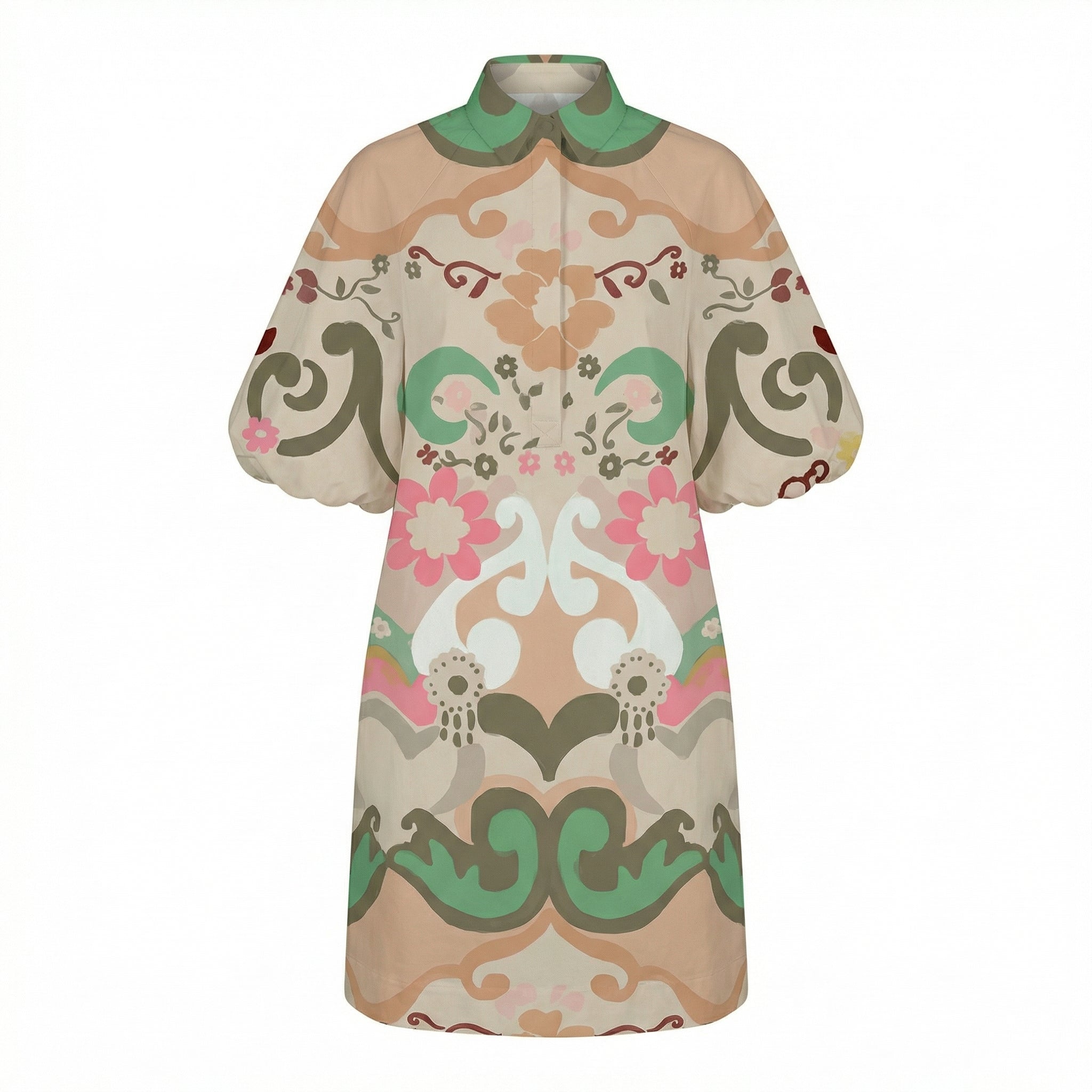 Collared shirt dress with button front, multicolor floral and paisley print, wide sleeves