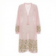 Embroidered midi dress with V-neck, tassel trim, long sleeves, pale pink floral border