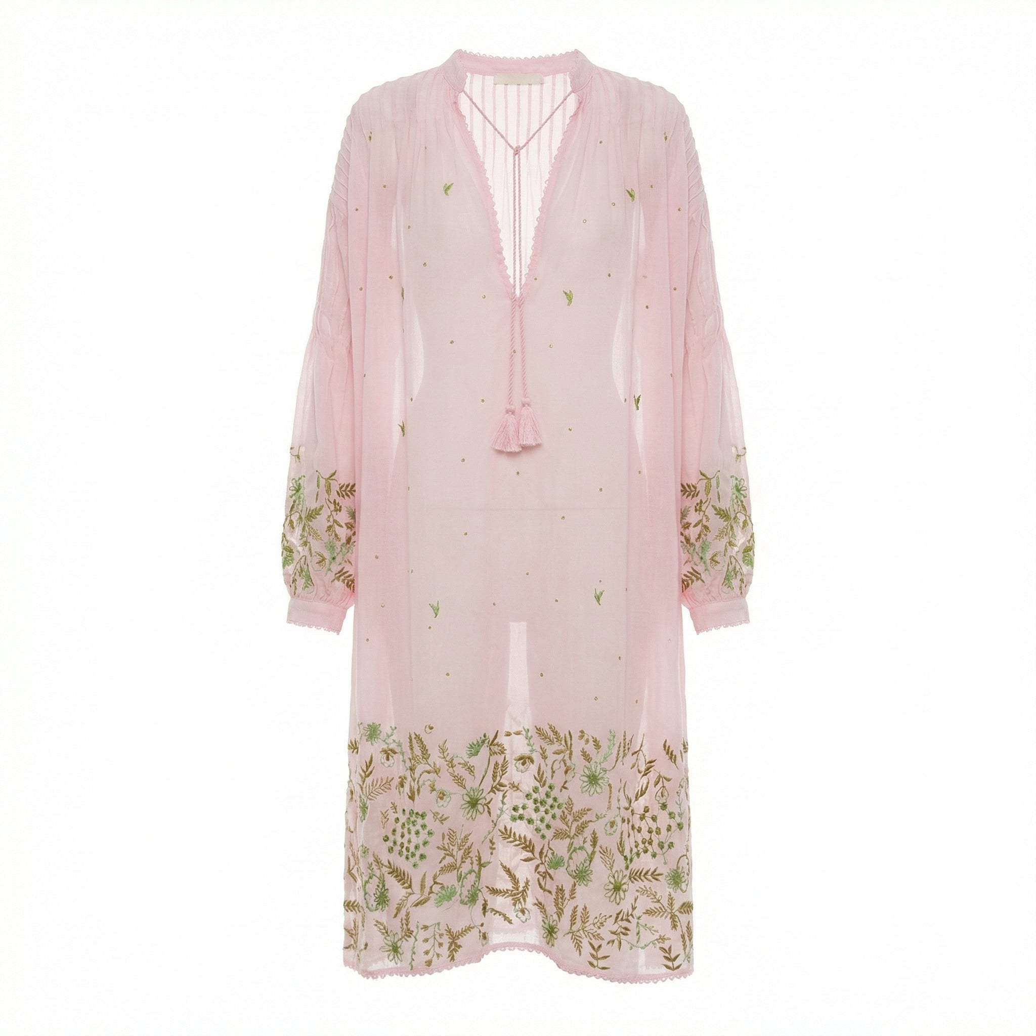 Embroidered midi dress with V-neck, tassel trim, long sleeves, pale pink floral border