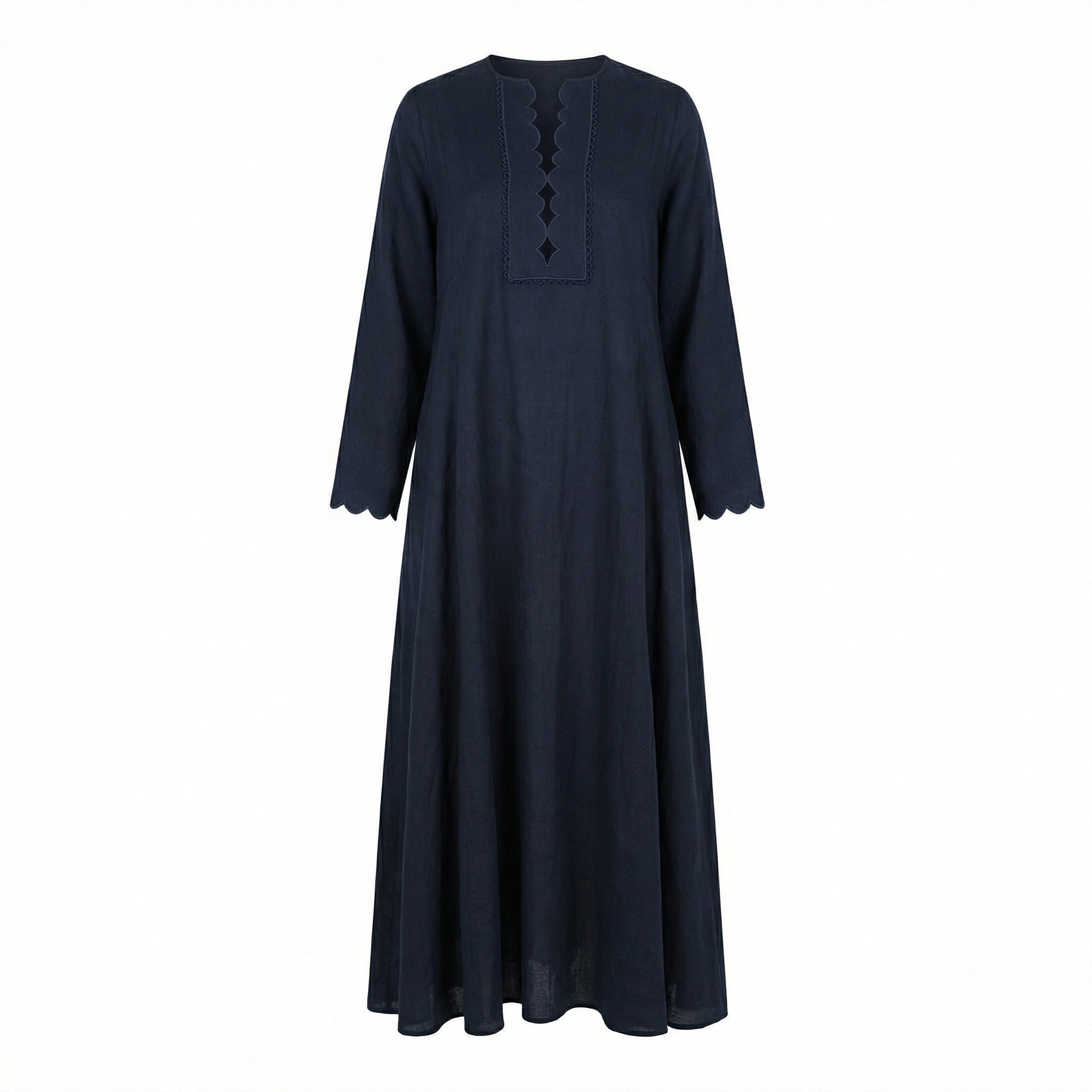 Dark navy long kaftan with scalloped neckline and front placket
