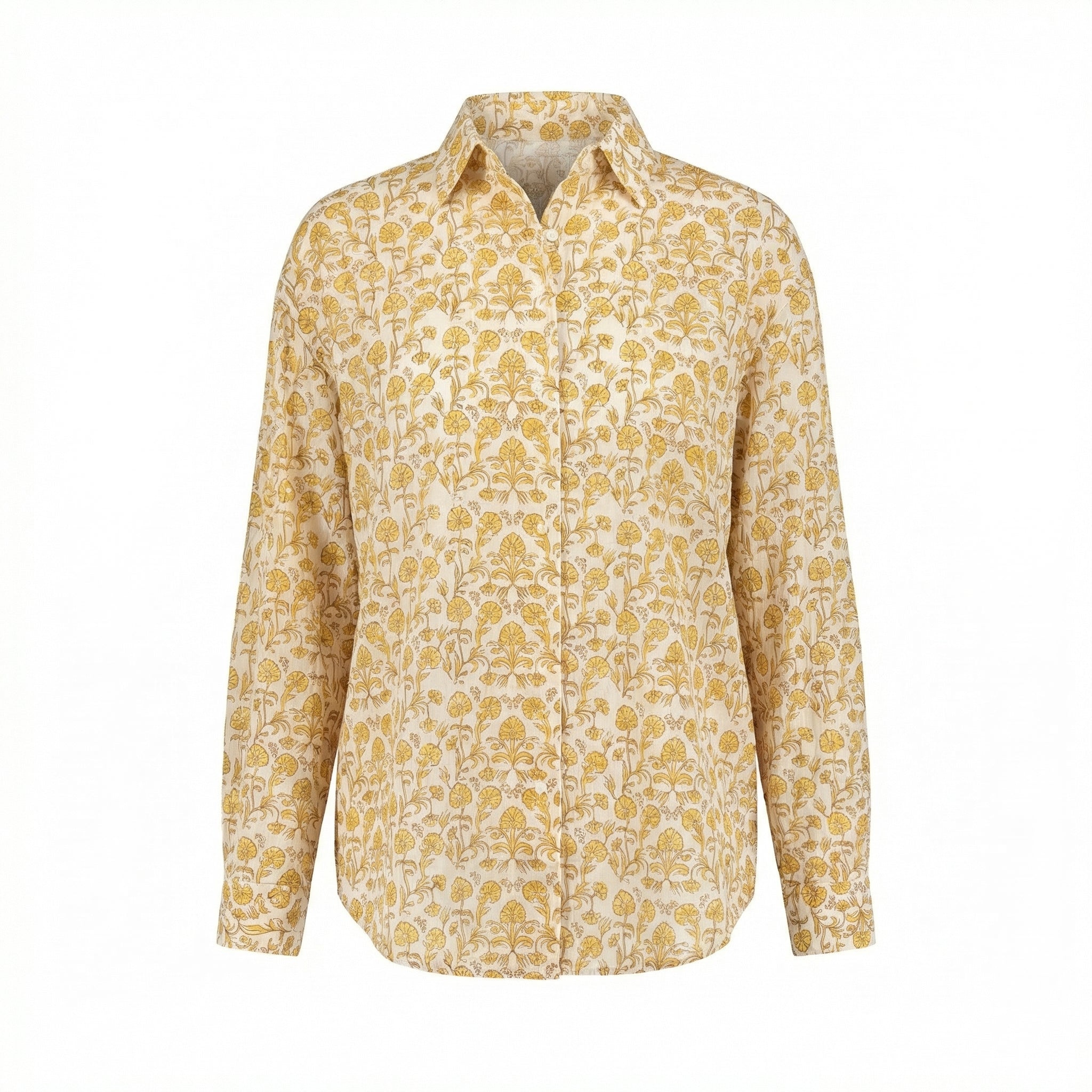 Linen shirt with yellow floral print, button front, pointed collar, long sleeves.