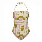 Balearic appliqué one-piece swimsuit with abstract pink and olive blocks, halter tie