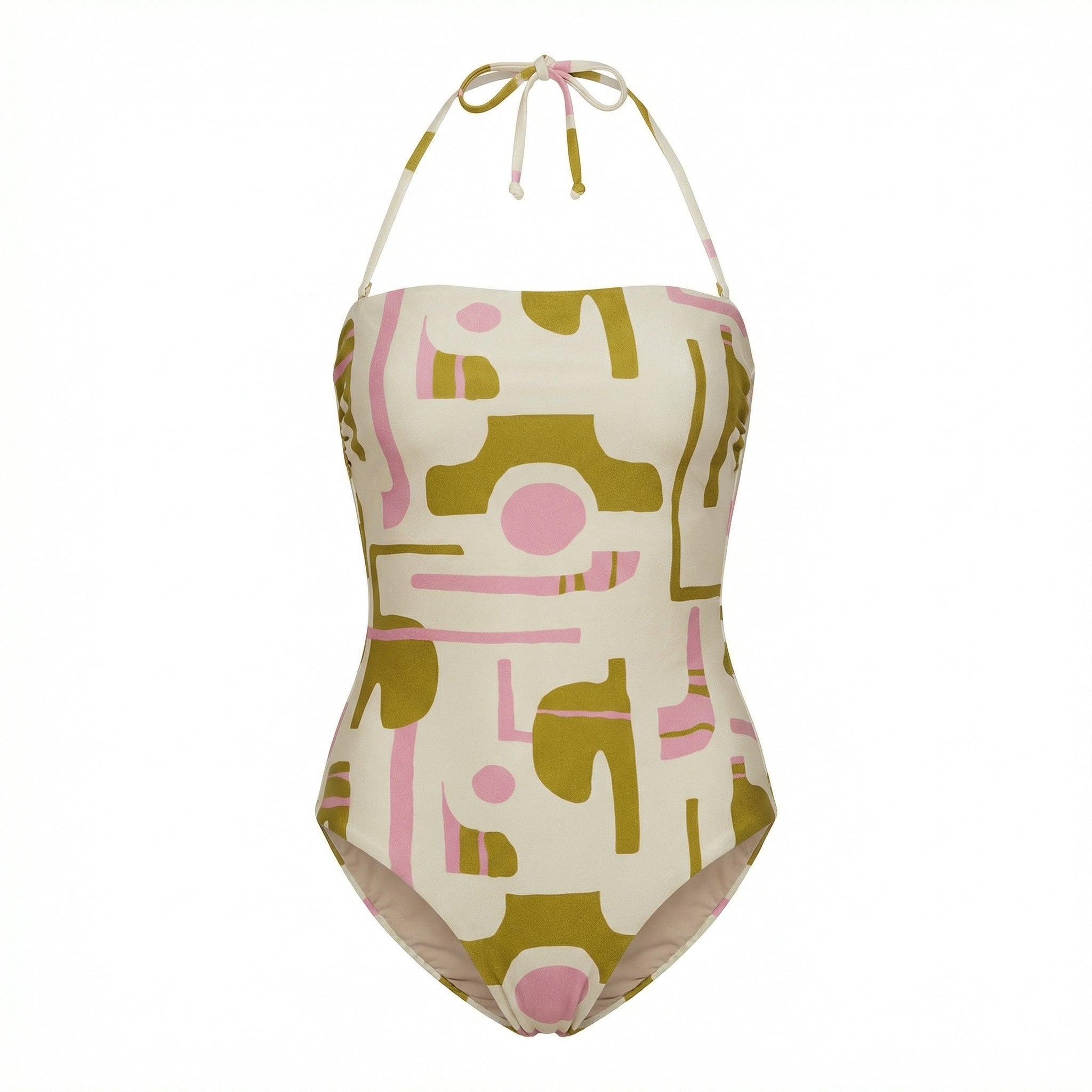 Halter swimsuit with abstract pink and olive applique print, neck tie