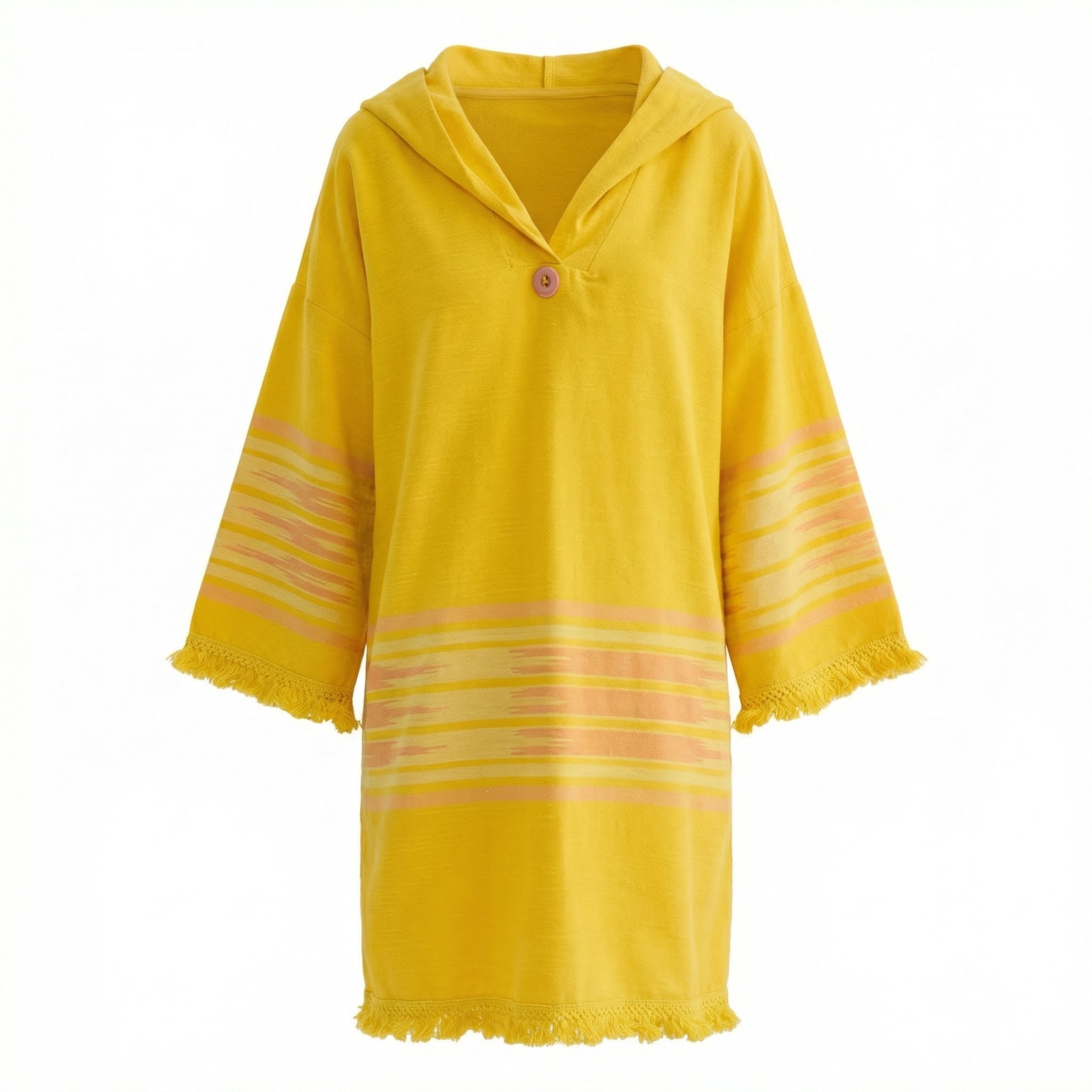 Yellow hooded mini dress with buttoned V neckline, striped sleeves, fringed hem