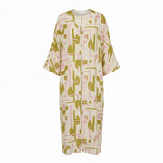 Maxi kaftan with abstract yellow-green and pink print, button-front, short sleeves