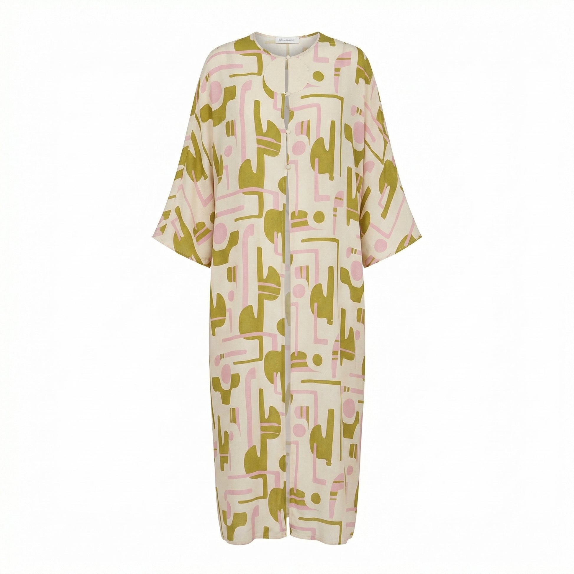 Maxi kaftan with abstract yellow-green and pink print, button-front, short sleeves