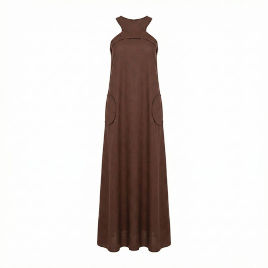 Brown halter neck dress with pockets on a white background