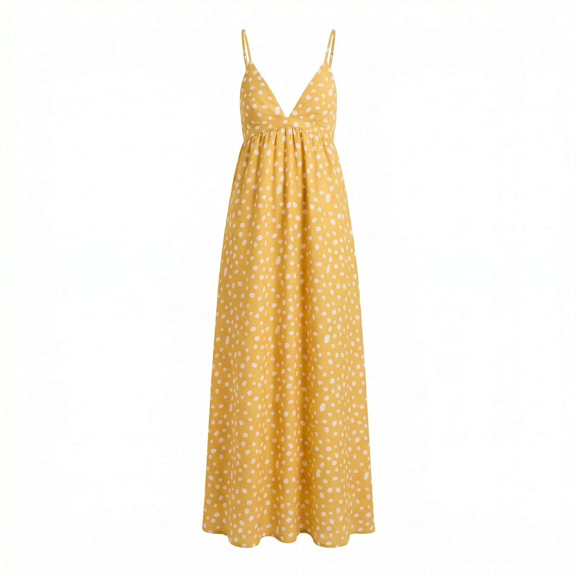 Polka dot maxi dress with V-neck and spaghetti straps, yellow with white dots