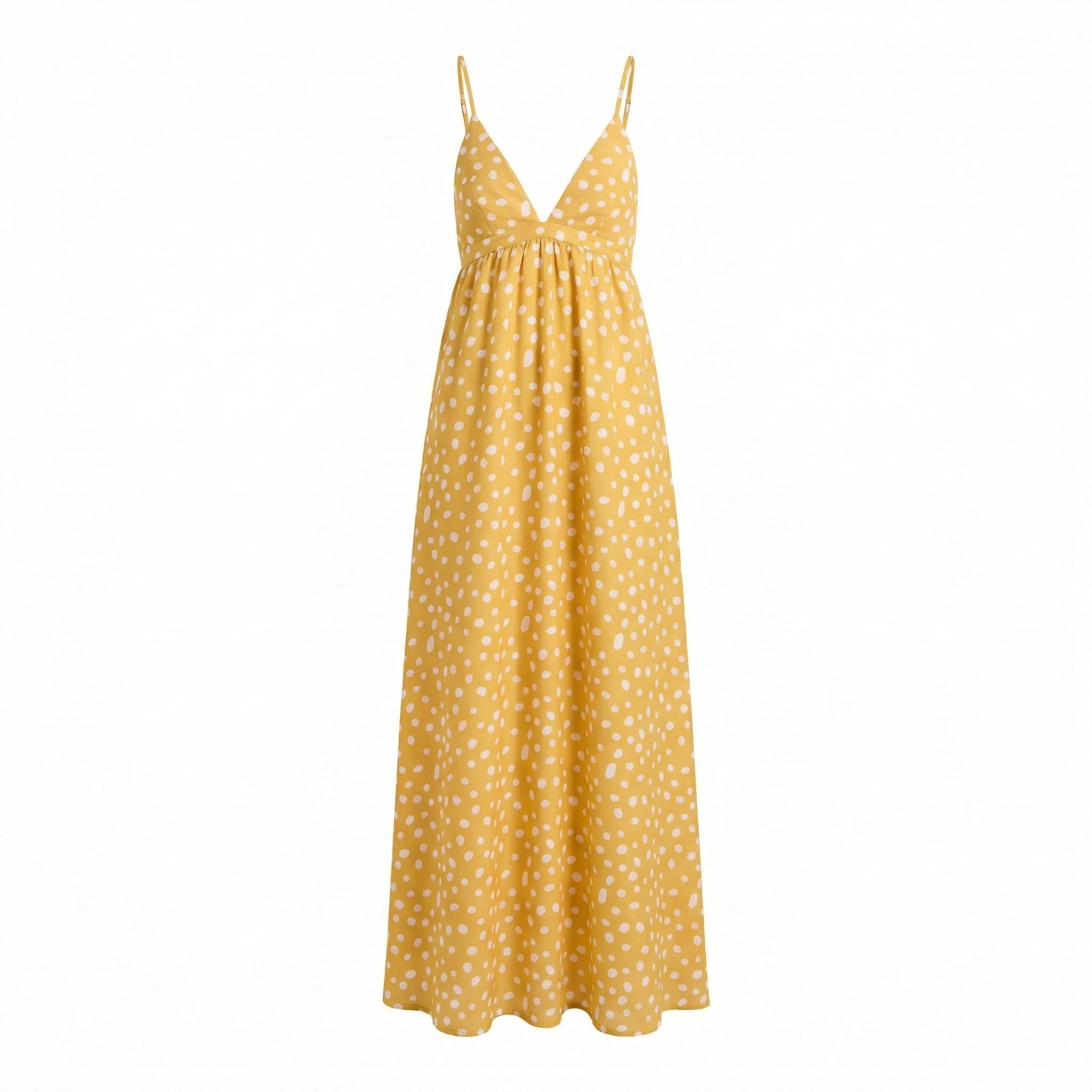 Yellow polka dot maxi dress with V-neck, spaghetti straps, and gathered waist