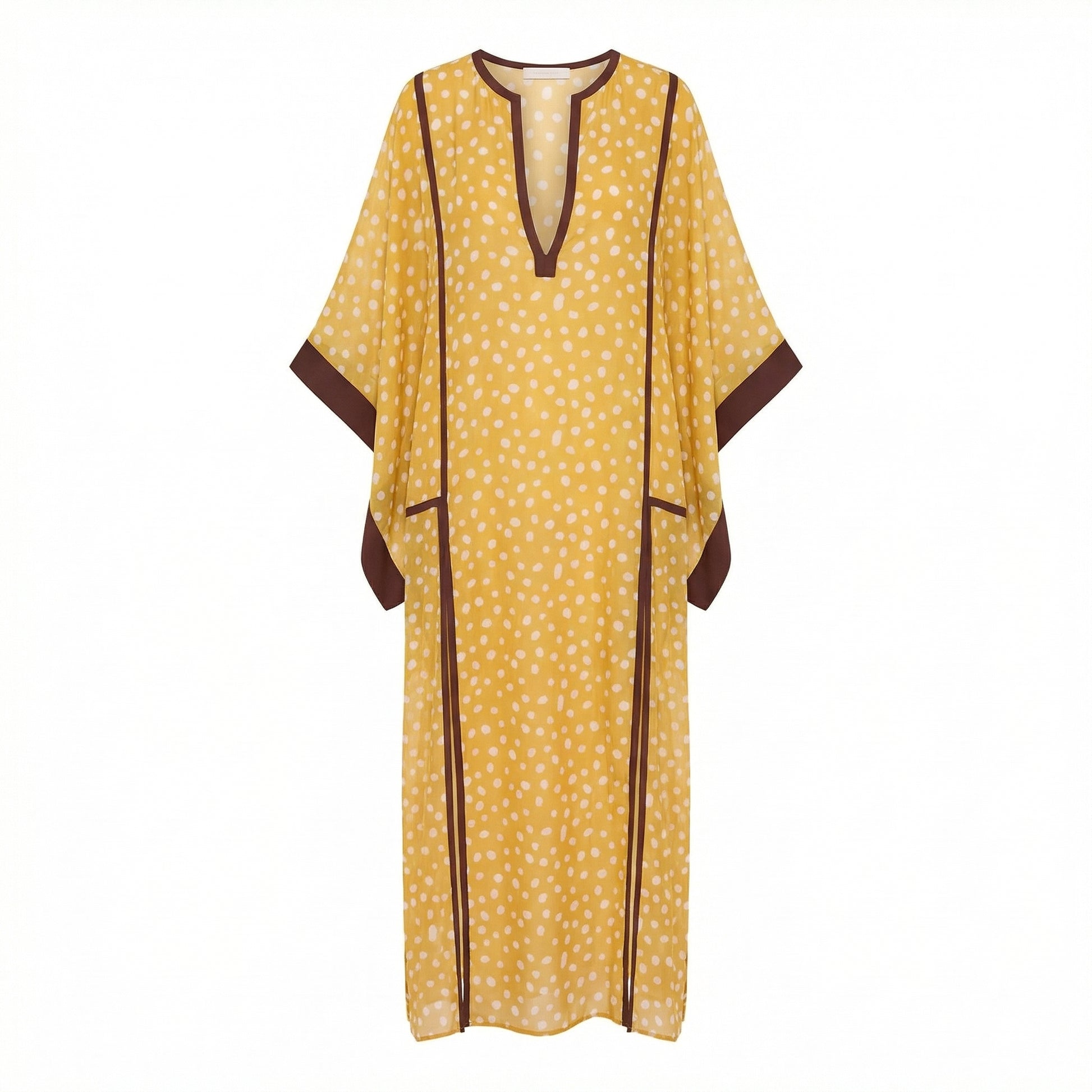 Yellow polka dot maxi kaftan, V-neck, dark trim, wide sleeves, side slits