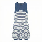 Sleeveless striped knit dress with blue yoke, knee-length, navy and white horizontal stripes