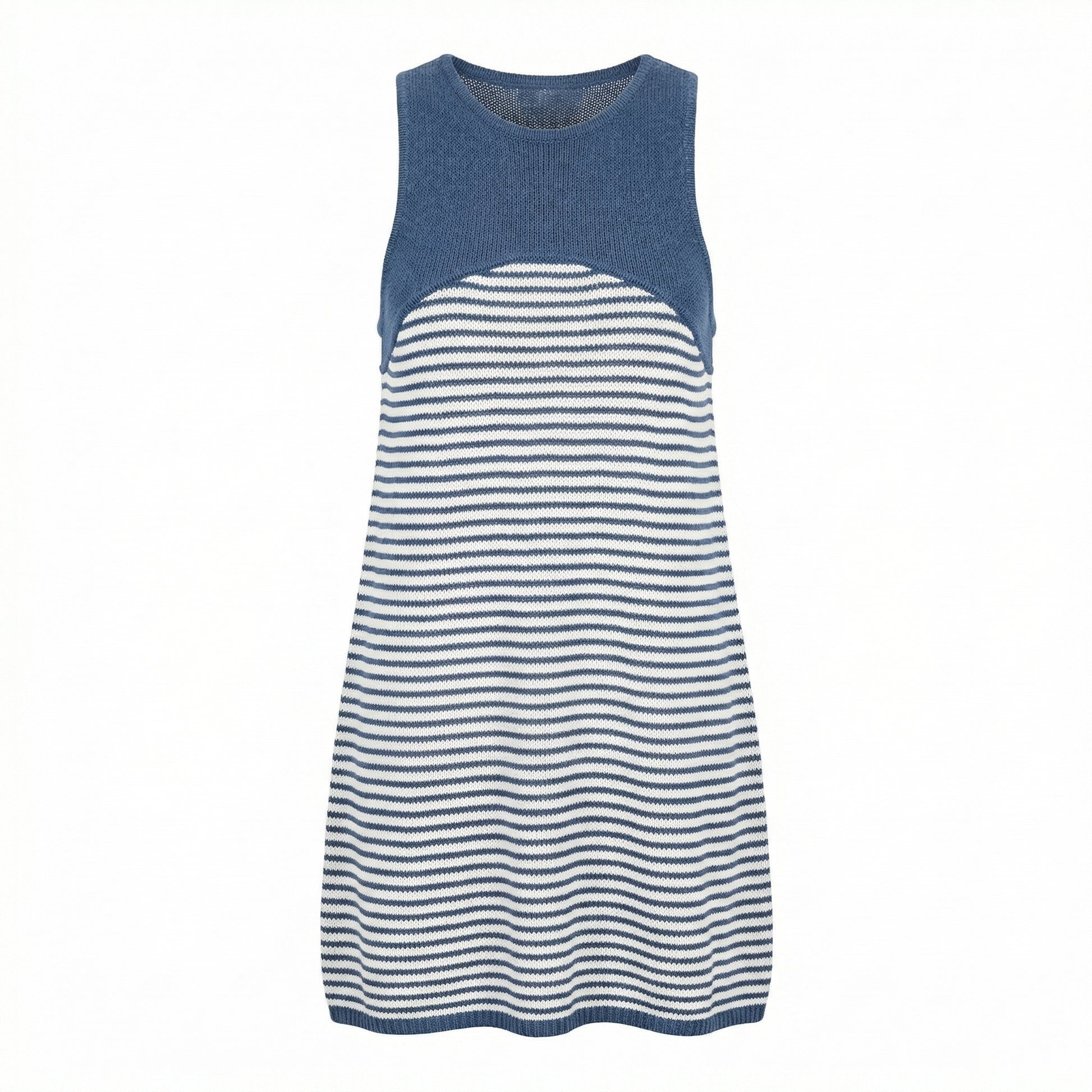 Sleeveless striped knit dress with blue yoke, knee-length, navy and white horizontal stripes