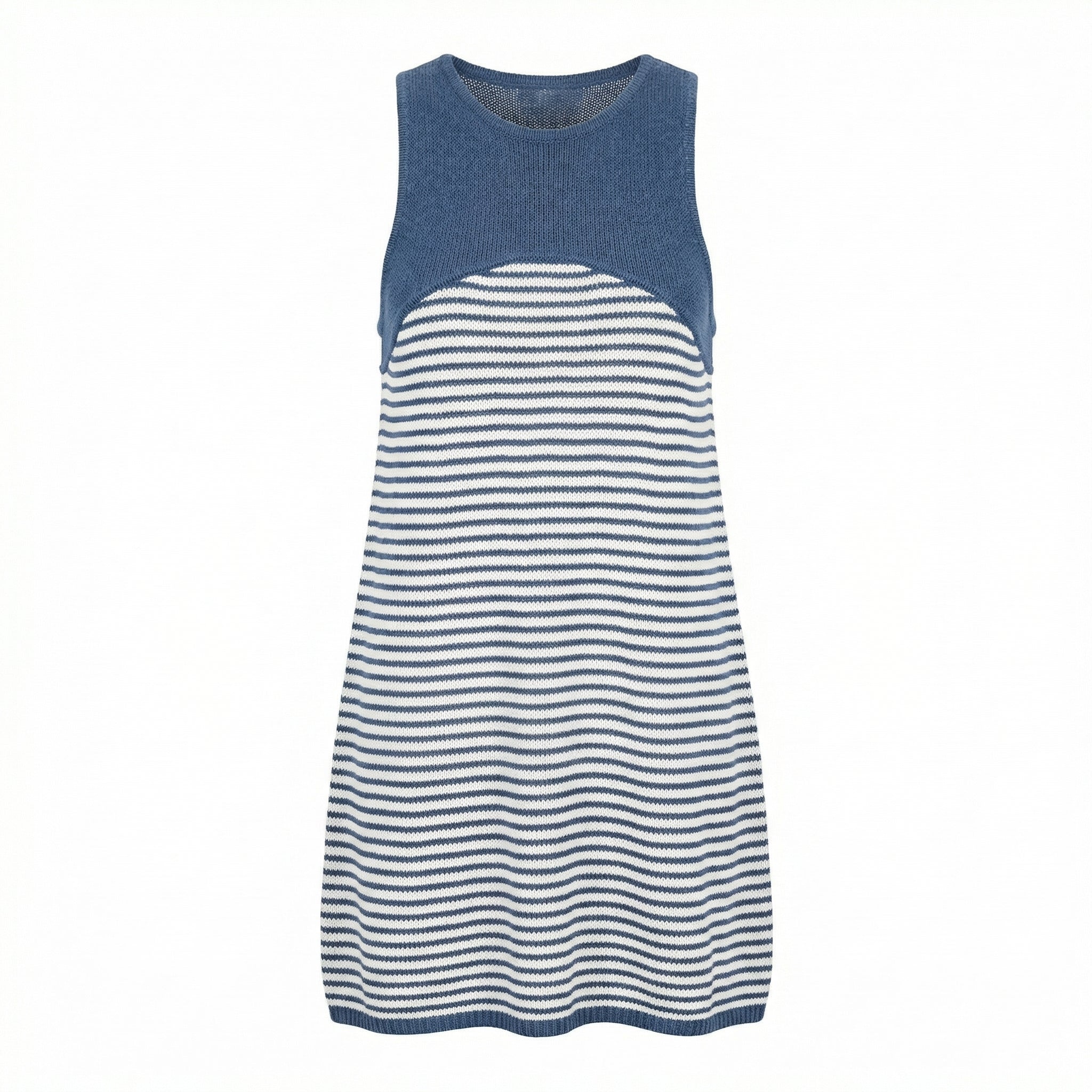 Sleeveless striped knit dress with blue yoke, knee-length, navy and white horizontal stripes