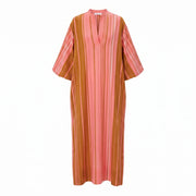 Maxi caftan dress in pink and rust vertical stripes, split neckline, short wide sleeves.