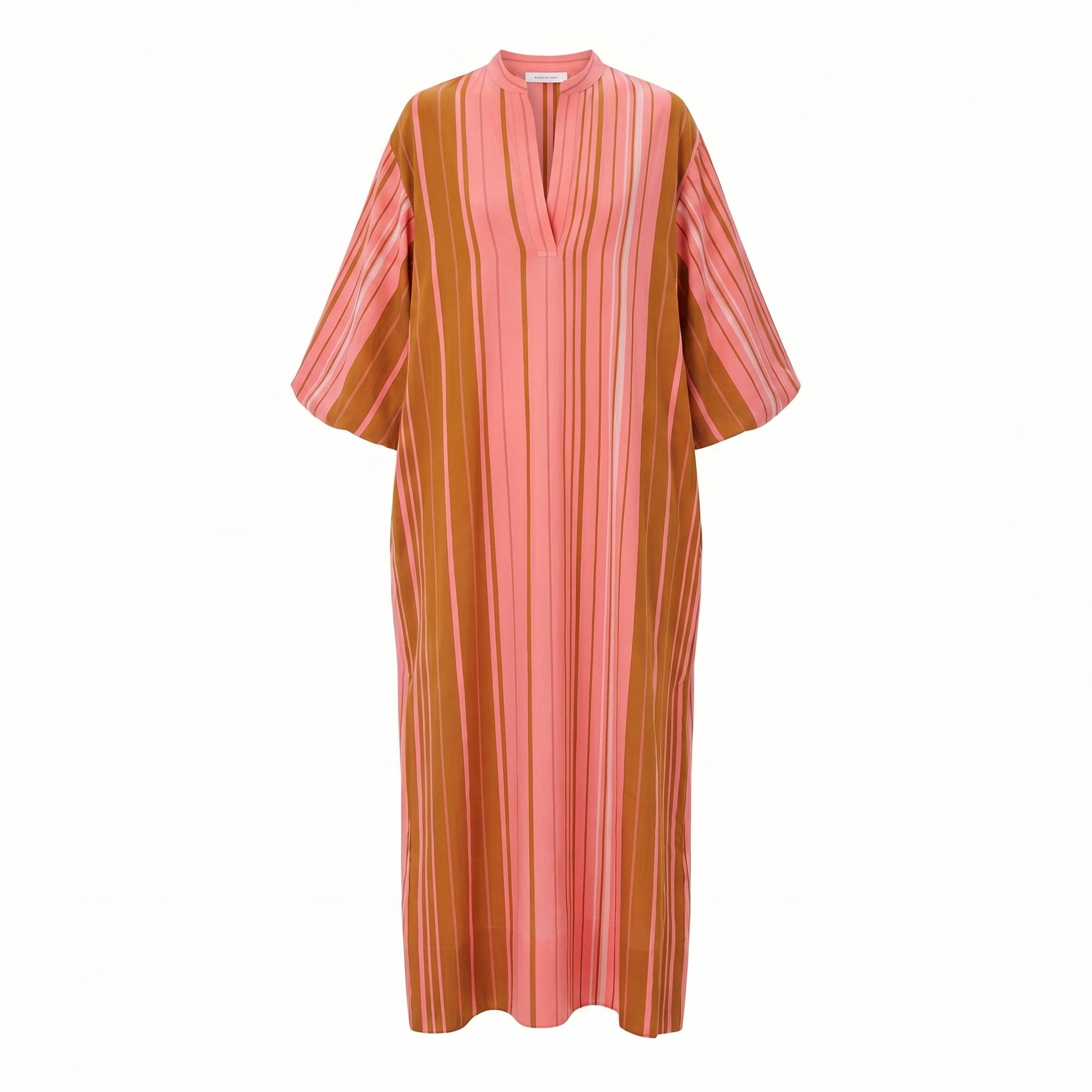 Maxi caftan dress in pink and rust vertical stripes, split neckline, short wide sleeves.