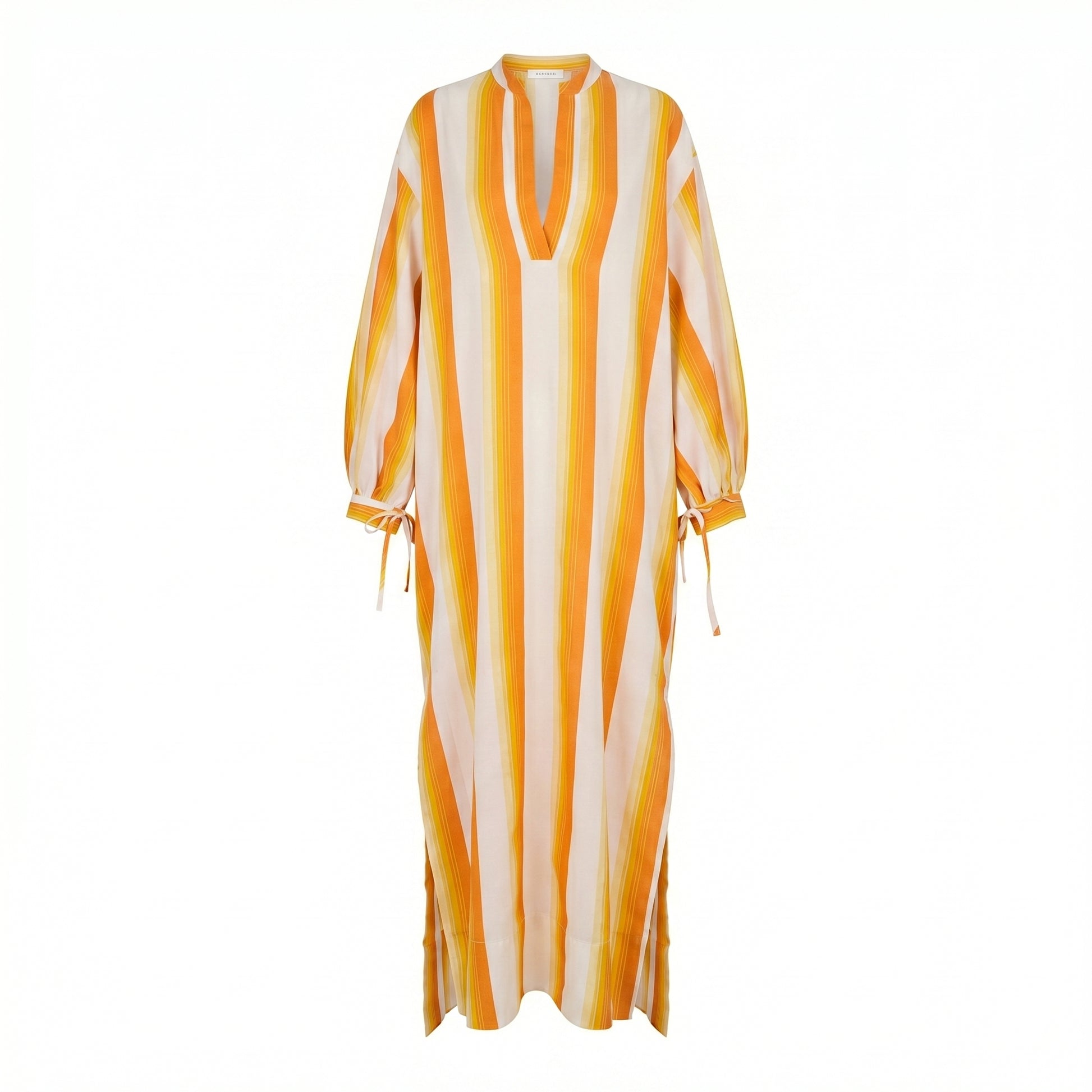 Yellow maxi caftan dress with vertical orange stripes, V-neck, long sleeves, tied cuffs.