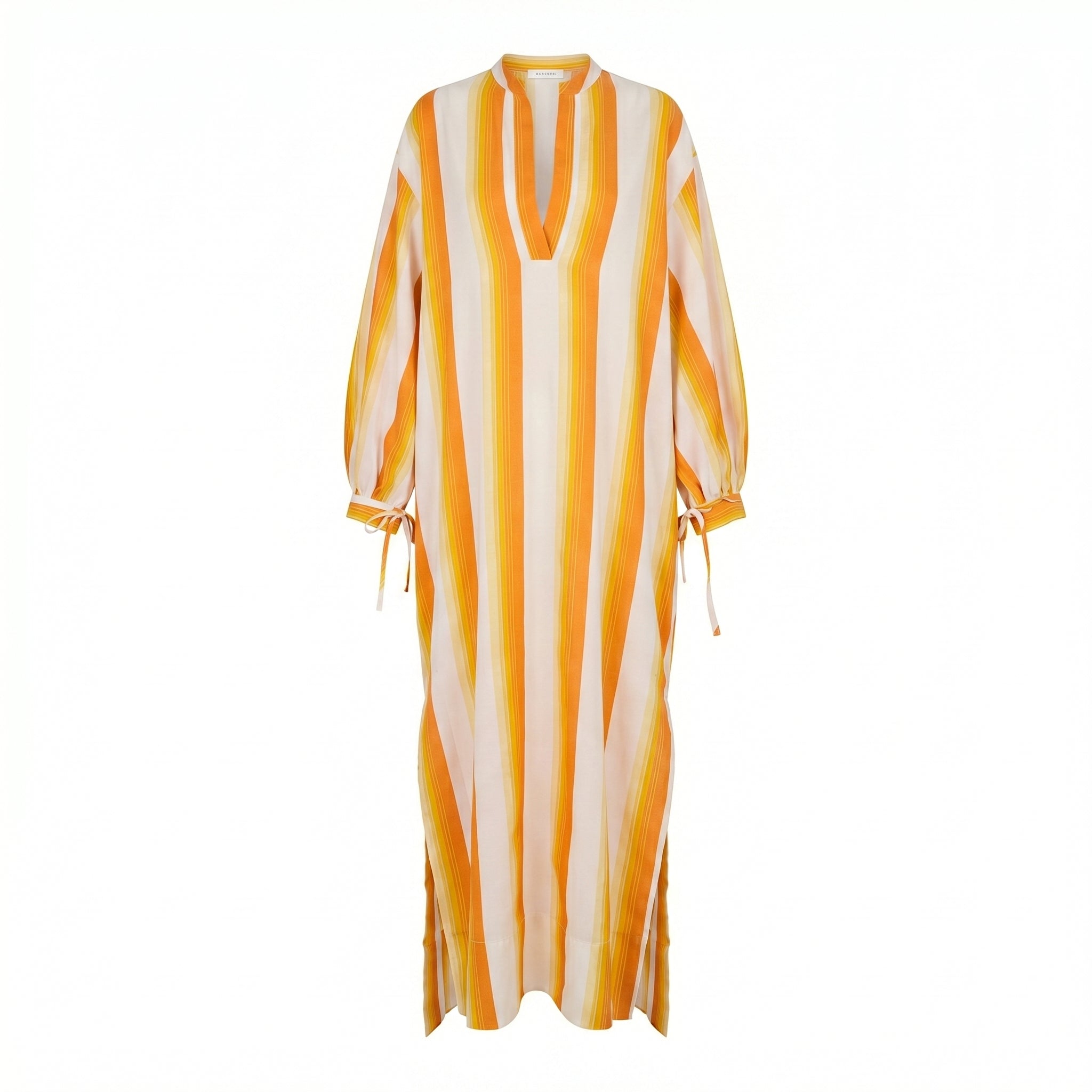 Yellow maxi caftan dress with vertical orange stripes, V-neck, long sleeves, tied cuffs.