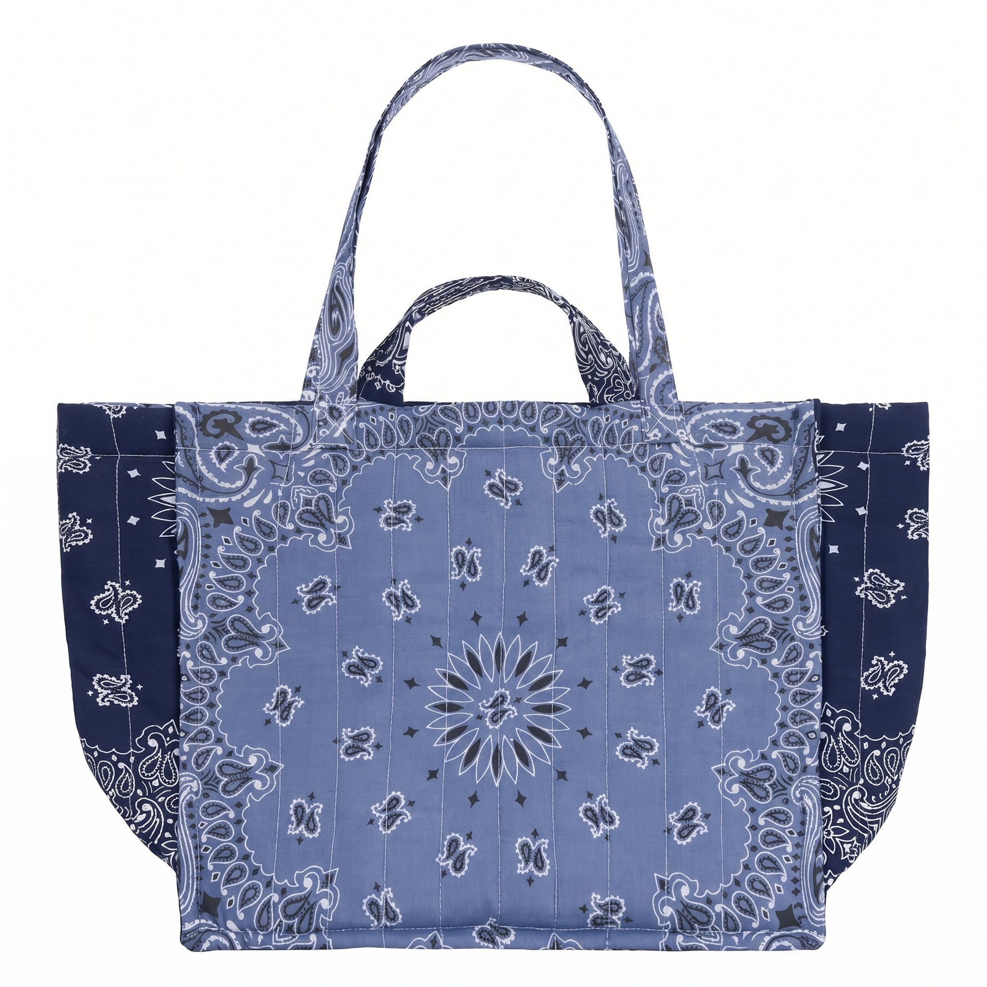 Navy maxi tote bag with light blue bandana paisley print and top handles