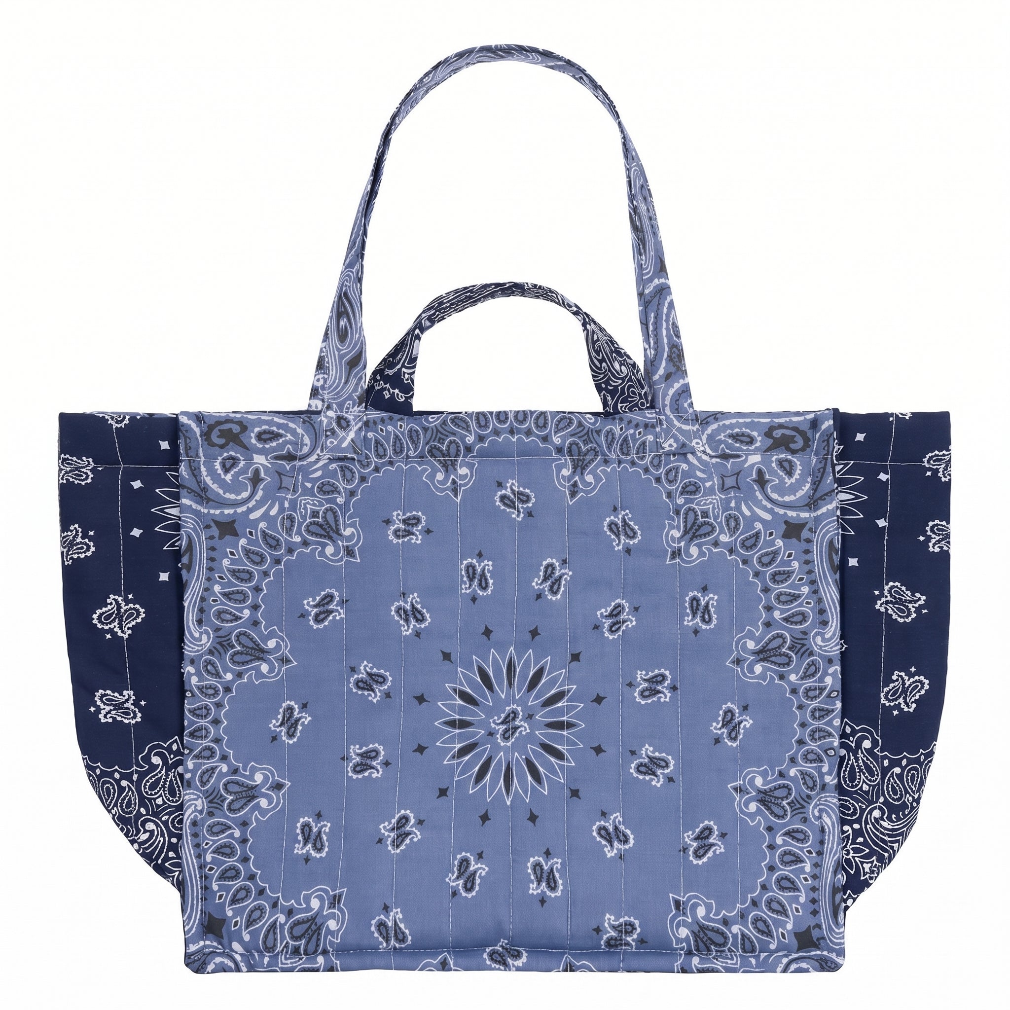 Navy maxi tote bag with light blue bandana paisley print and top handles