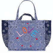 Navy maxi tote bag with light blue paisley print and LOVE-style graphic