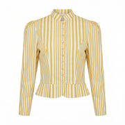 Yellow-and-white striped puff-sleeve jacket, button front and peplum waist