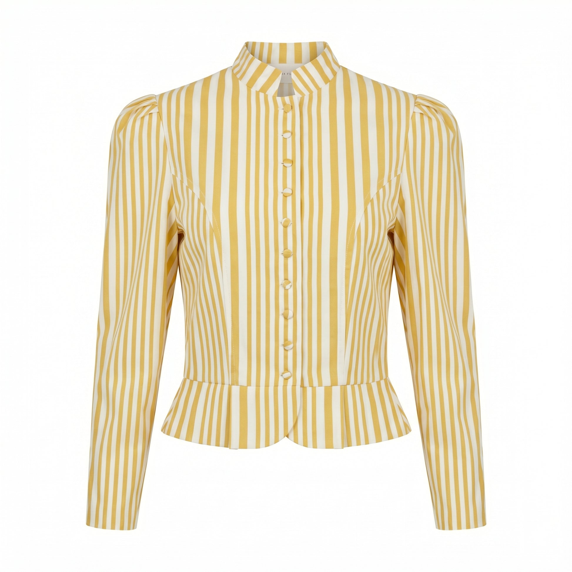 Yellow-and-white striped puff-sleeve jacket, button front and peplum waist