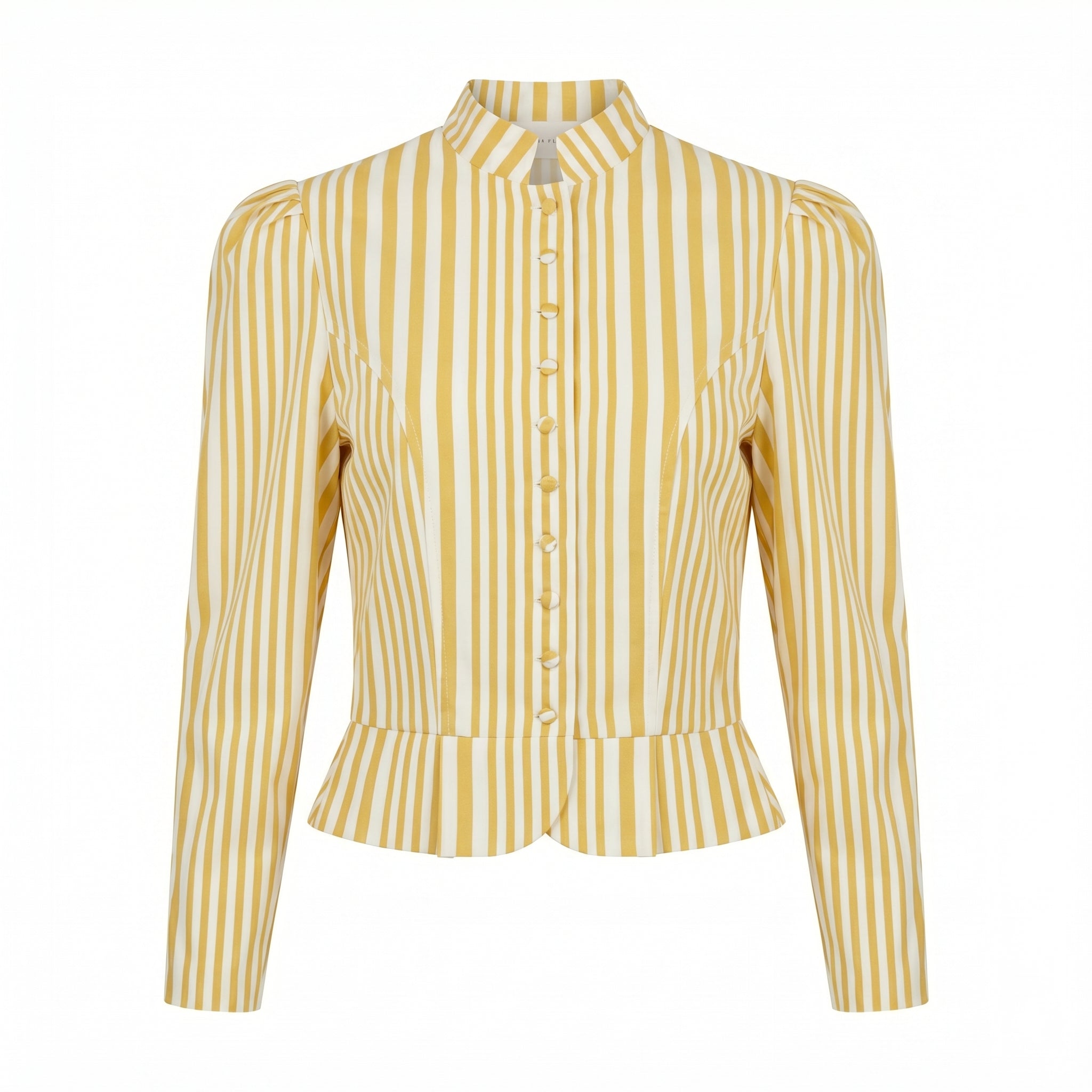 Yellow-and-white striped puff-sleeve jacket, button front and peplum waist