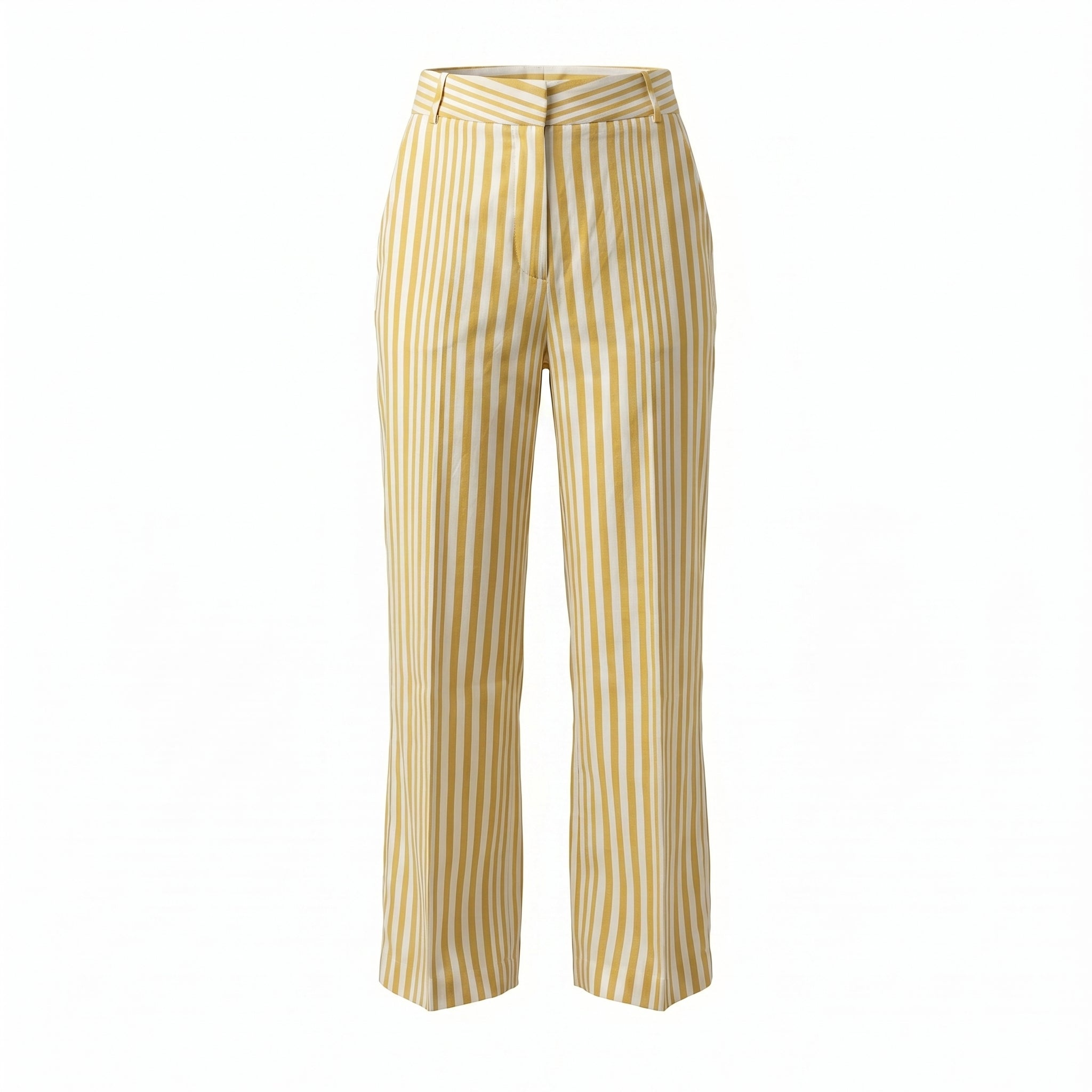 Striped summer trousers with yellow and white vertical stripes, straight leg
