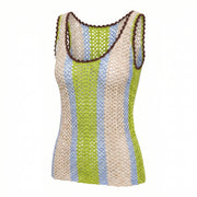Sleeveless crochet top with scoop neck, striped cream, green, and blue panels.