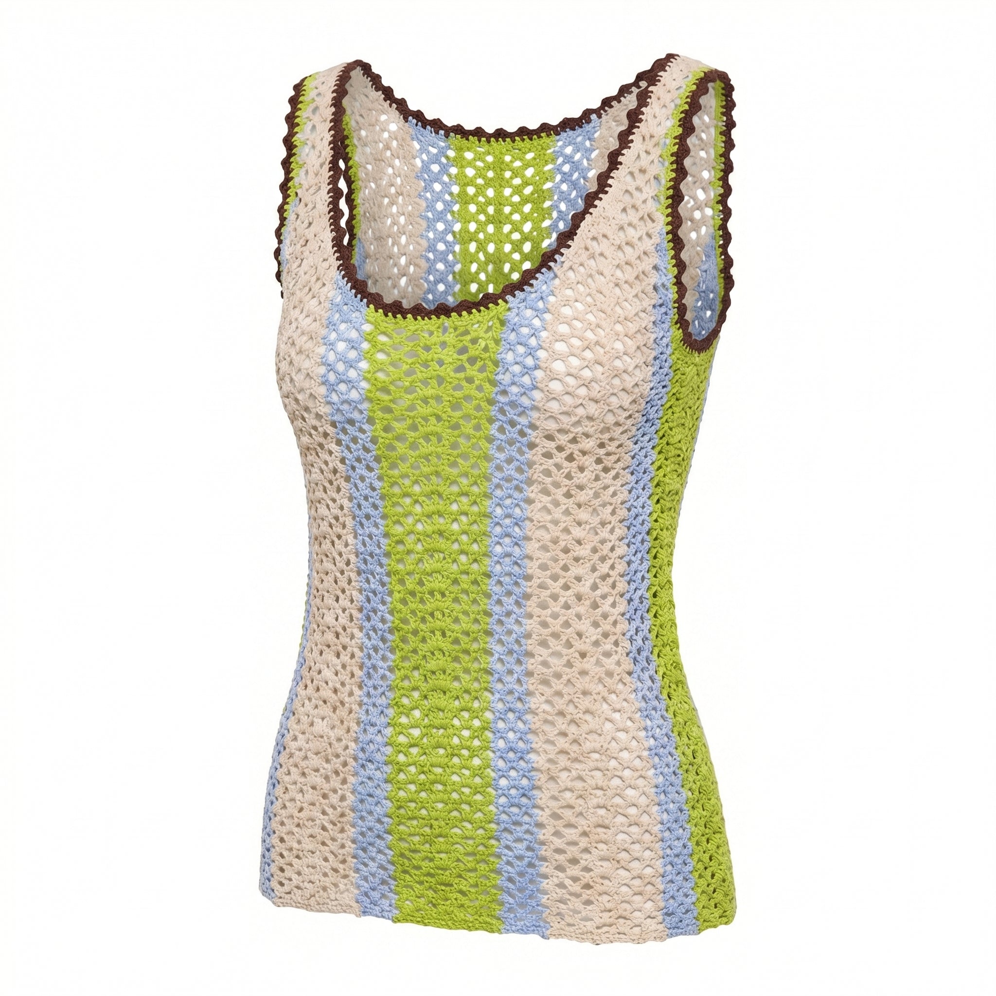 Sleeveless crochet top with scoop neck, striped cream, green, and blue panels.