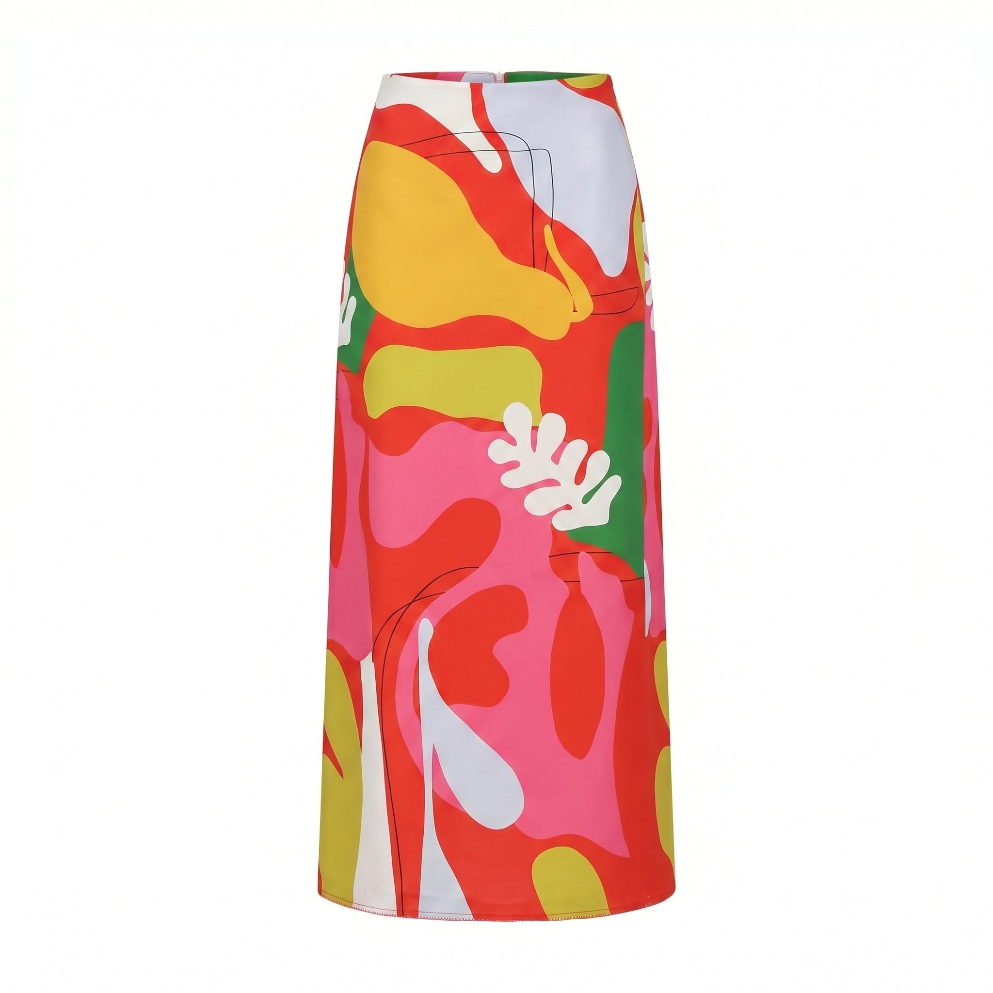 Polen skirt, straight midi with abstract red, pink, yellow, and green graphic print