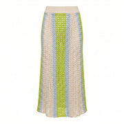 Striped knit midi skirt with ribbed waistband, cream, lime green, and light blue vertical stripes